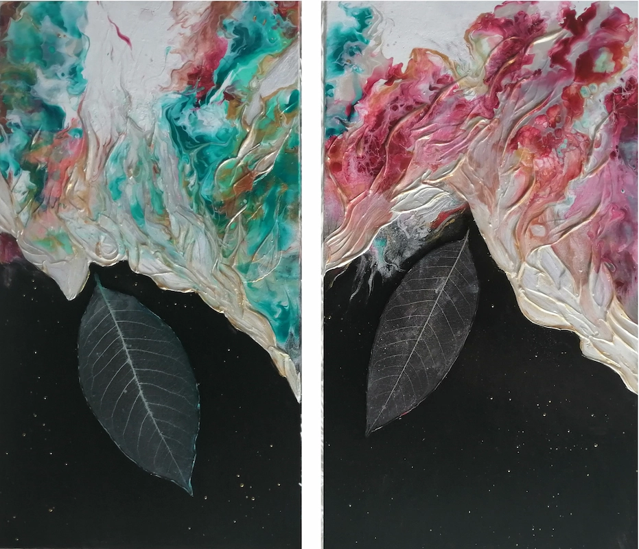 Art-story The Fall. Interior painting (diptych) in fluid art style.