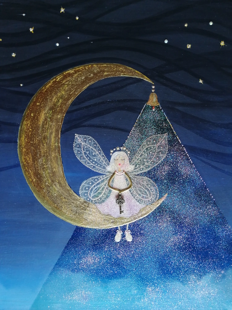 Art-story Girl's secret. Interior painting with golden foil on a deep blue background.